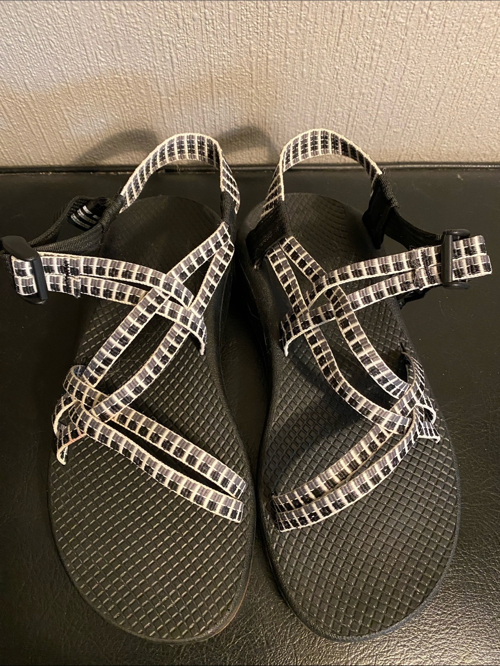 Chaco Women’s 8 Black Sandals with White-Black Patterned Straps